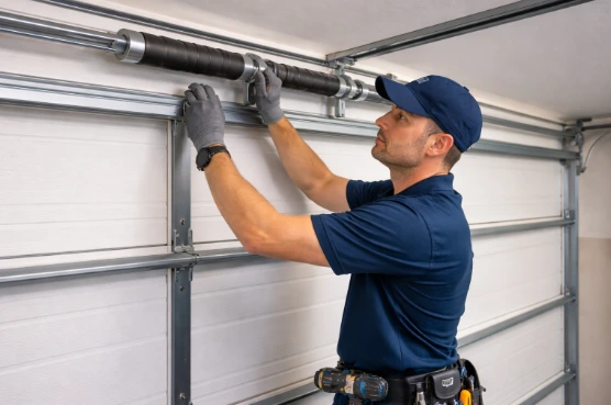 Garage Door Maintenance in Metro Atlanta technician inspecting residential garage door system